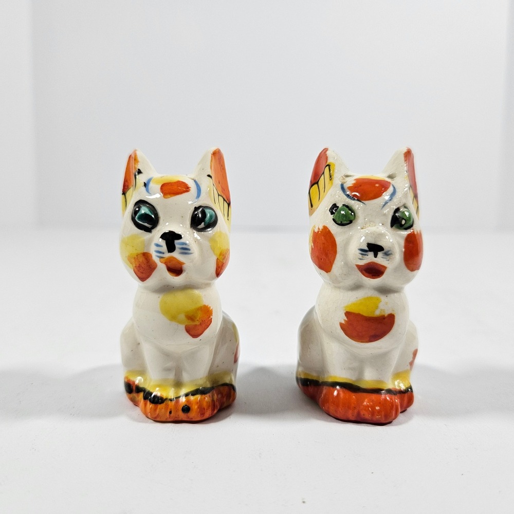 Vintage Japan Crazy Calico Hand Painted Ceramic Cat Salt and Pepper Shakers Set